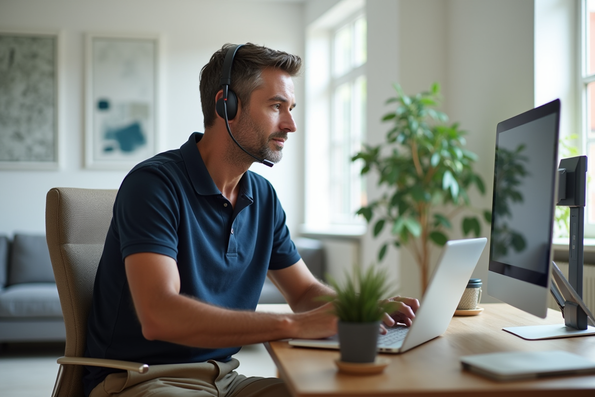 Homme en visioconference dans un bureau moderne