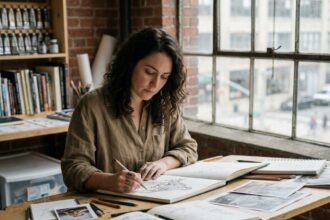 Illustratrice professionnelle concentrée dessinant à la plume dans son atelier créatif avec des sketchbooks et des références artistiques