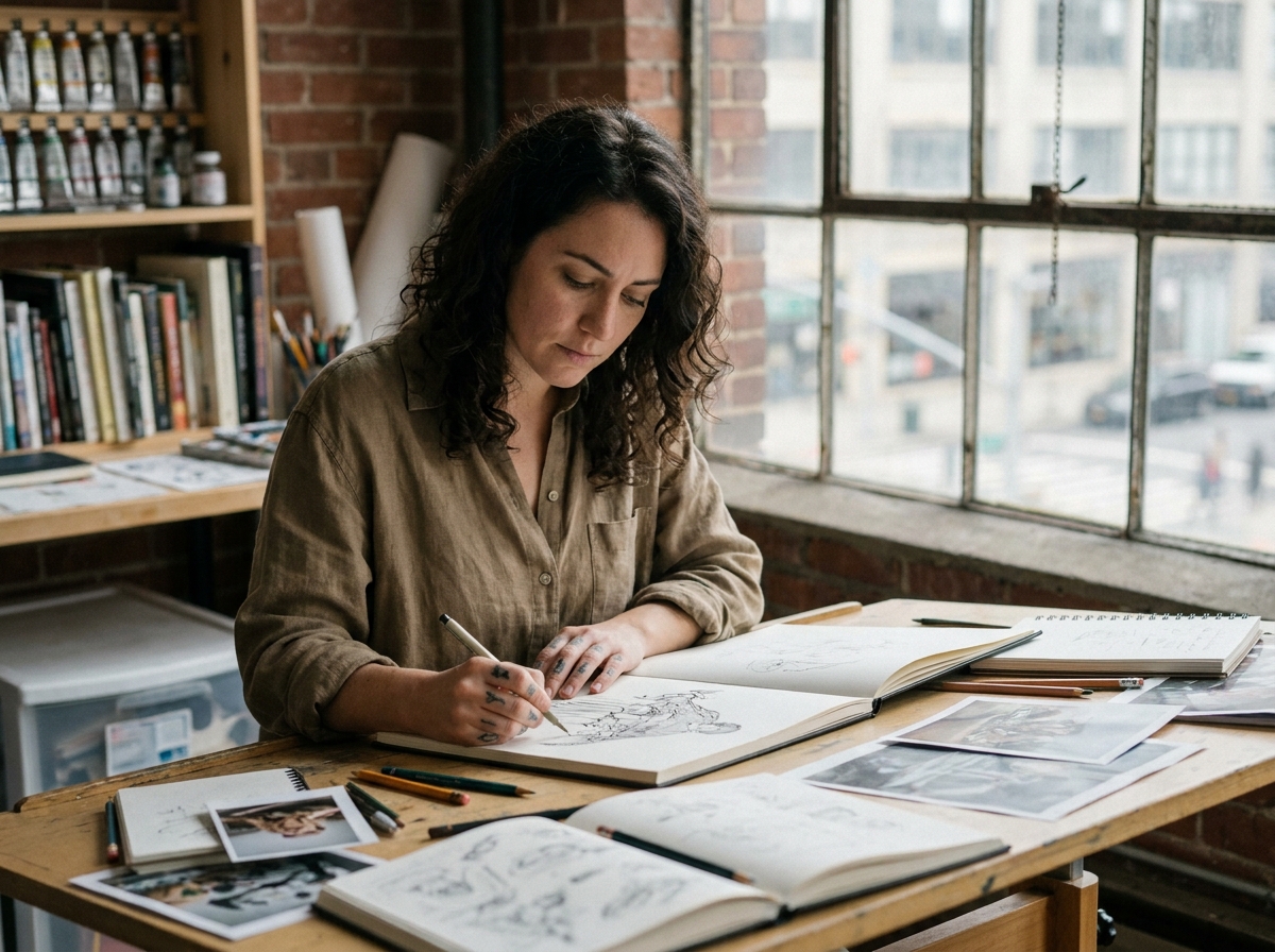 Illustratrice professionnelle concentrée dessinant à la plume dans son atelier créatif avec des sketchbooks et des références artistiques