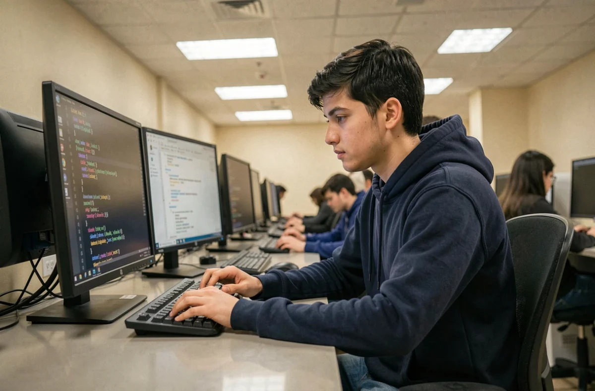 Un étudiant en BUT Informatique travaille sur un poste informatique à l'IUT de Lens de l'Université d'Artois