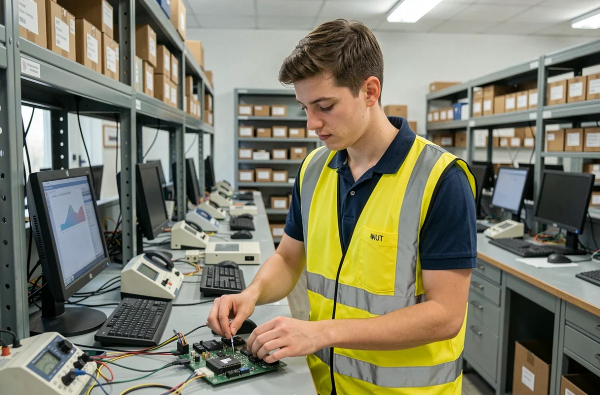 Étudiant en alternance manipulant des composants électroniques dans un laboratoire technique de l'IUT de Villetaneuse