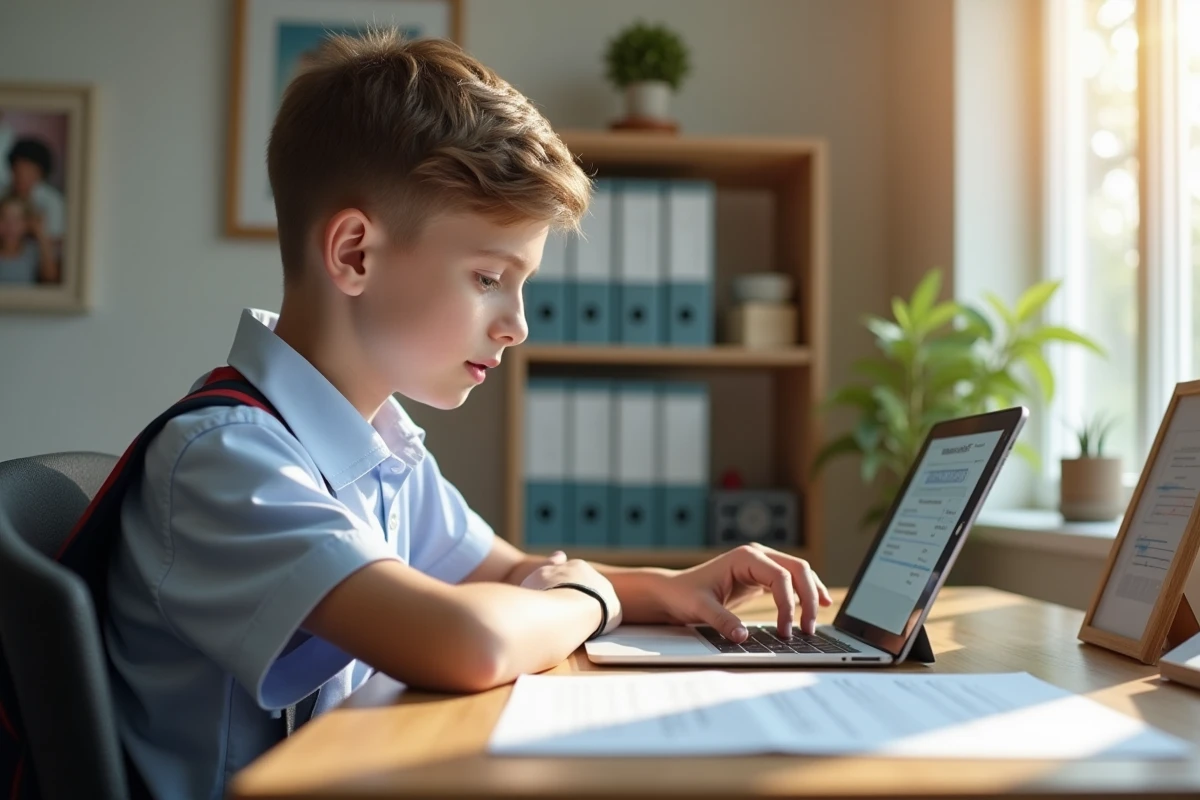 Adolescent regardant son rapport scolaire sur une tablette