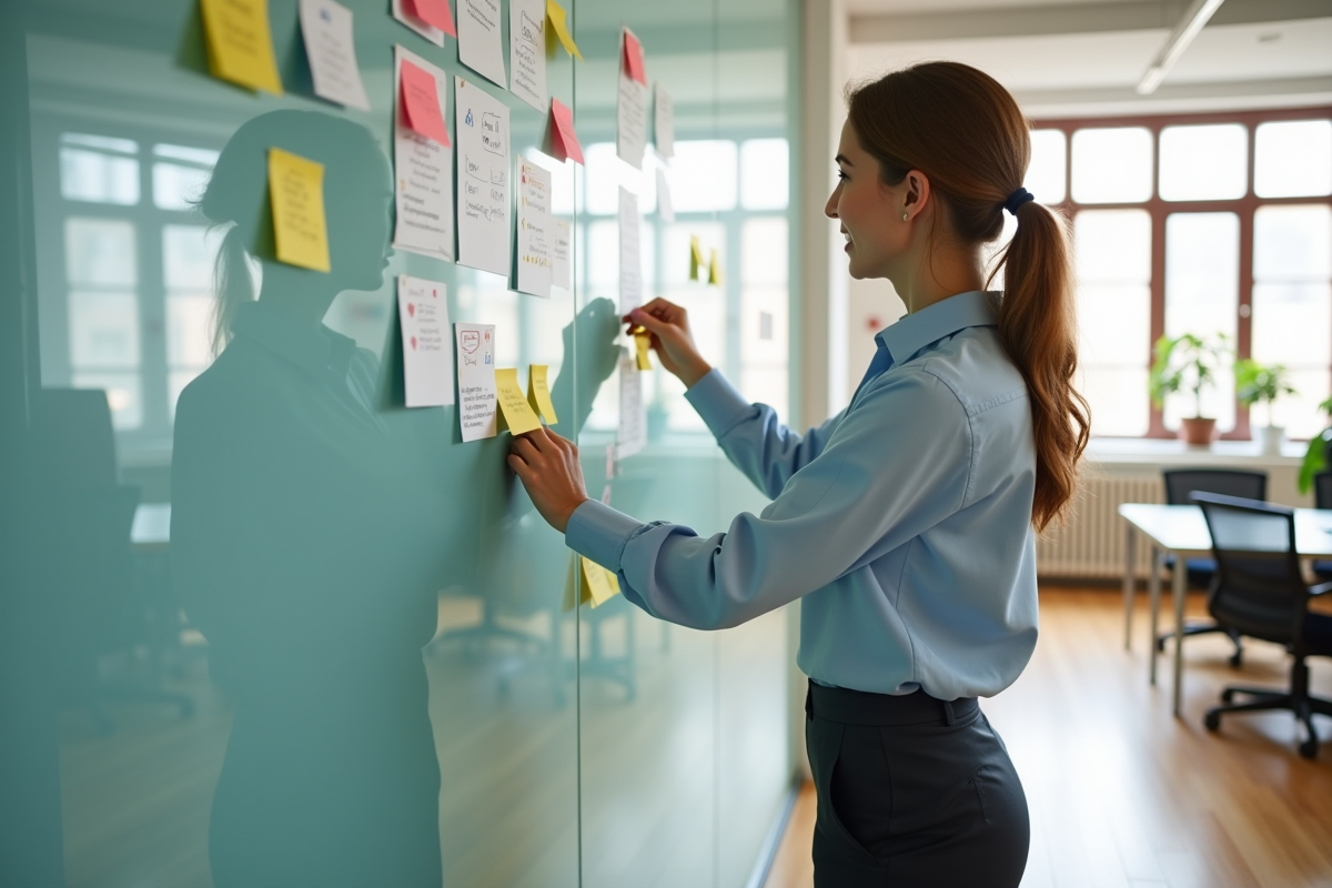 Jeune femme placant une note sur un mur de post-it dans un espace de coworking