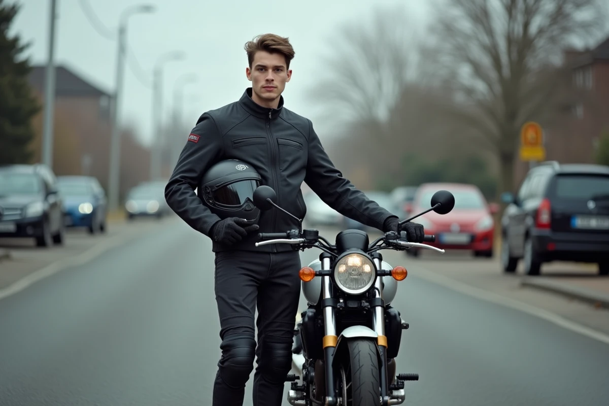 Jeune conducteur en veste moto et casque intégral posant à côté d'une moto A2 dans une rue urbaine