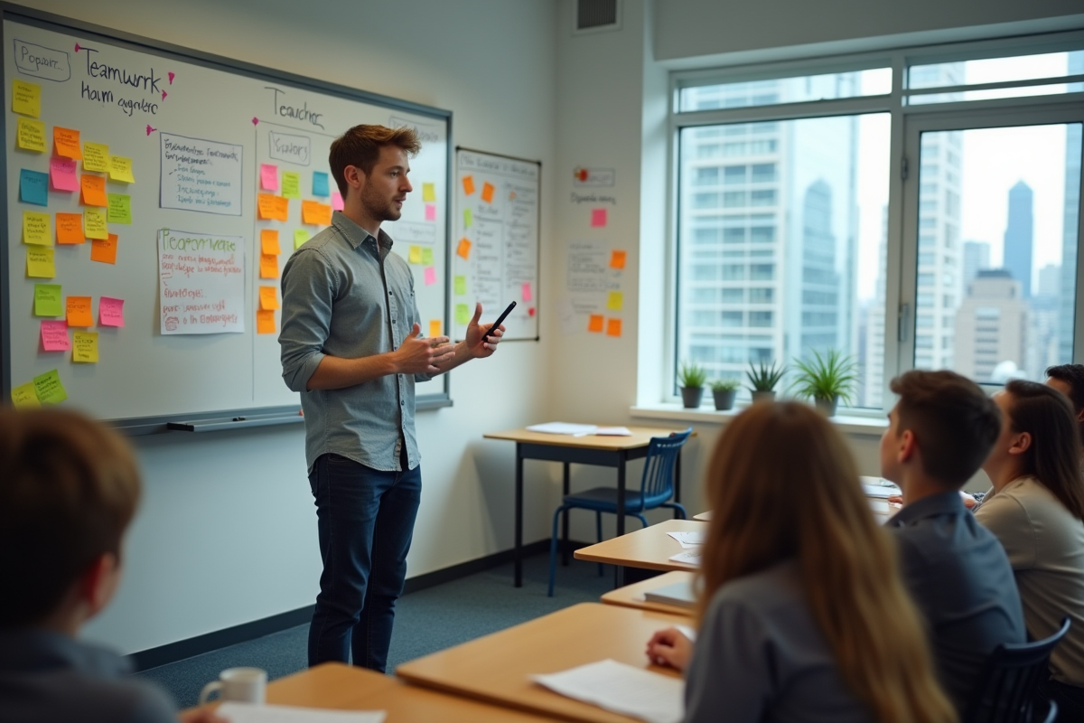 Jeune enseignant expliquant un concept en classe urbaine