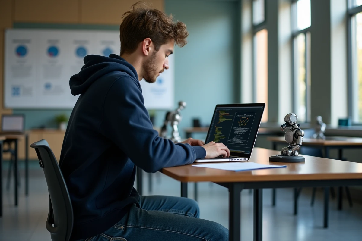 Jeune étudiant concentré devant un ordinateur avec code et diagrammes neural