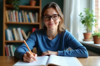 Jeune femme studieuse avec livre de grammaire française