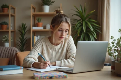 Jeune femme étudiante en anglais à son bureau cosy