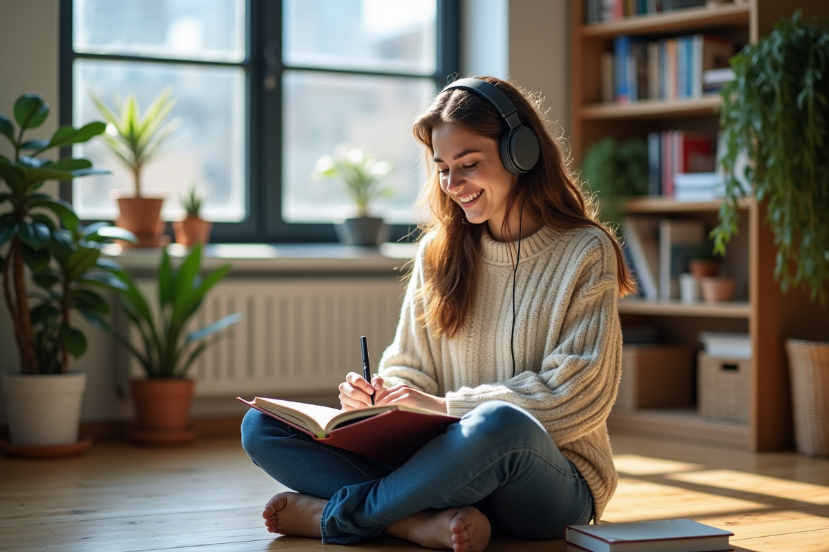 Jeune femme studieuse avec livre d'anglais dans un appartement lumineux
