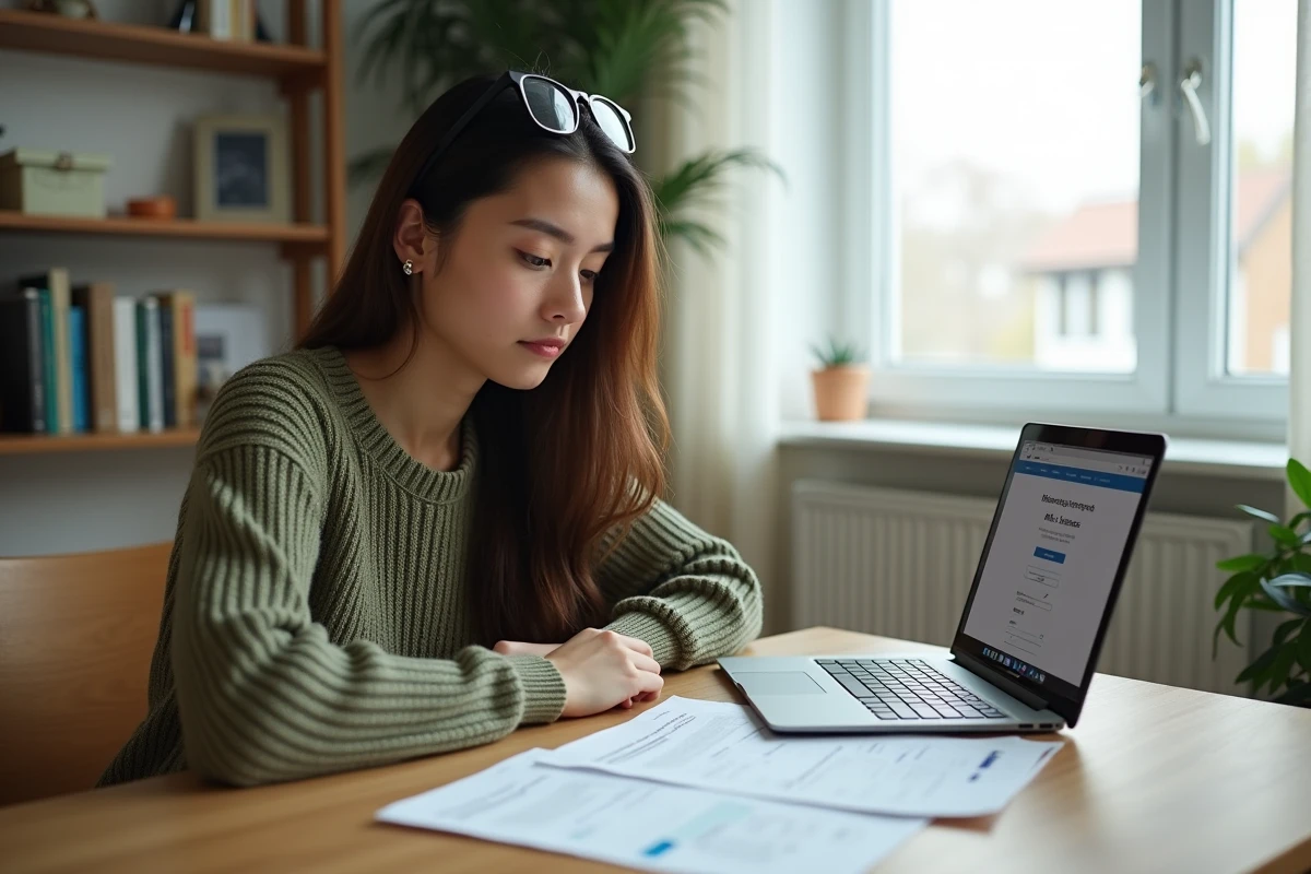 Jeune femme examinant des documents d'assurance moto et son permis A2 à son bureau à la maison