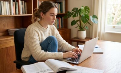 Jeune femme concentrée travaillant sur son ordinateur dans un bureau lumineux