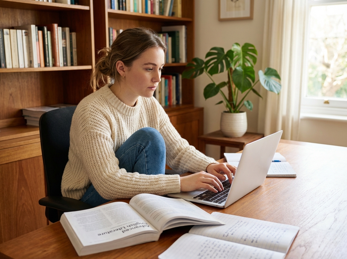 Jeune femme concentrée travaillant sur son ordinateur dans un bureau lumineux