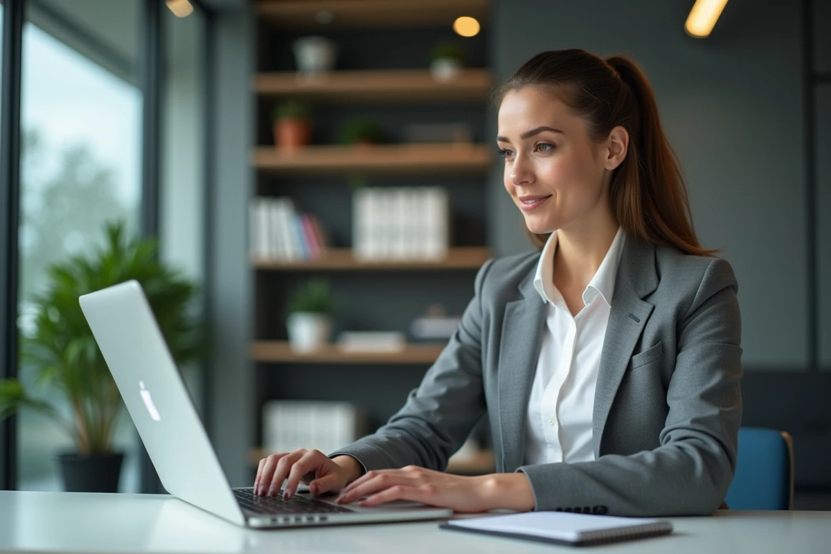 Jeune femme en bureau moderne utilisant un ordinateur portable