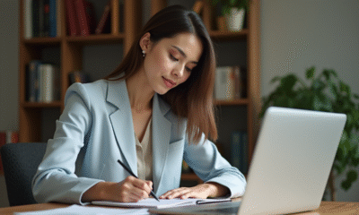 Jeune femme au bureau prenant des notes dans un environnement moderne