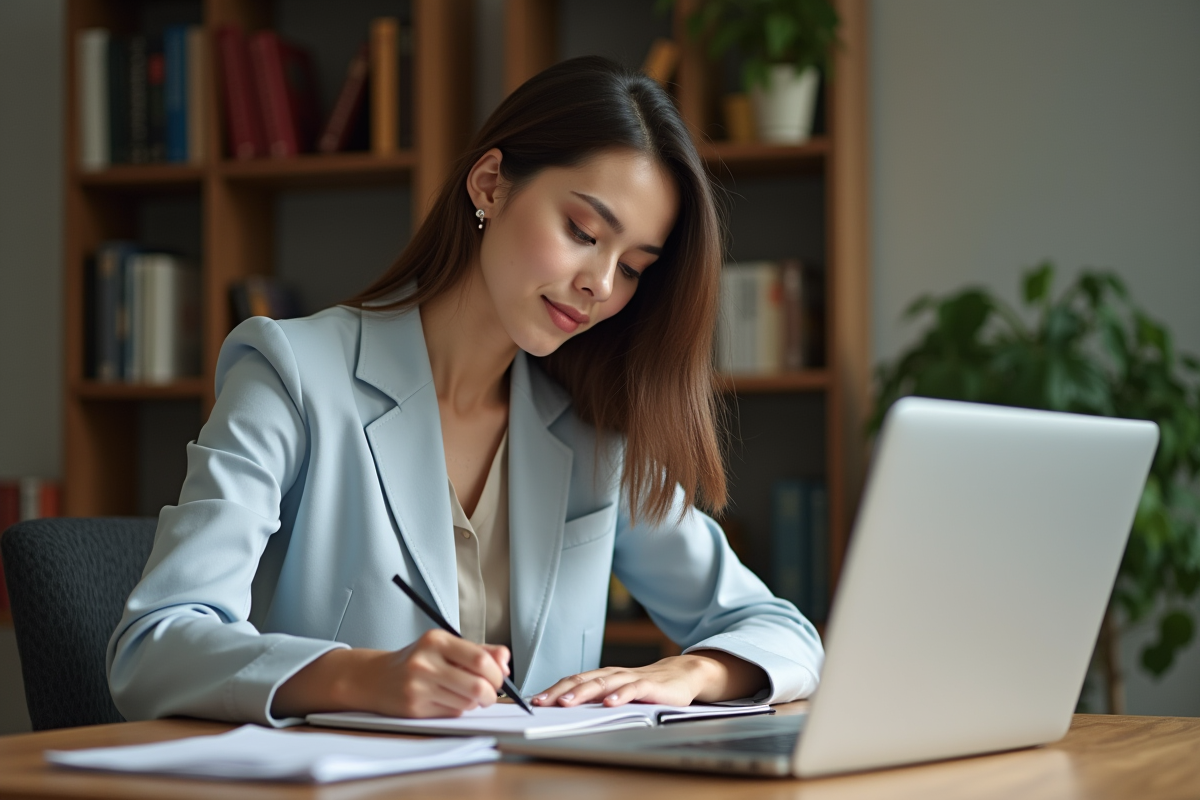 Jeune femme au bureau prenant des notes dans un environnement moderne