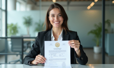 Jeune femme d'affaires souriante avec certificat dans un bureau moderne