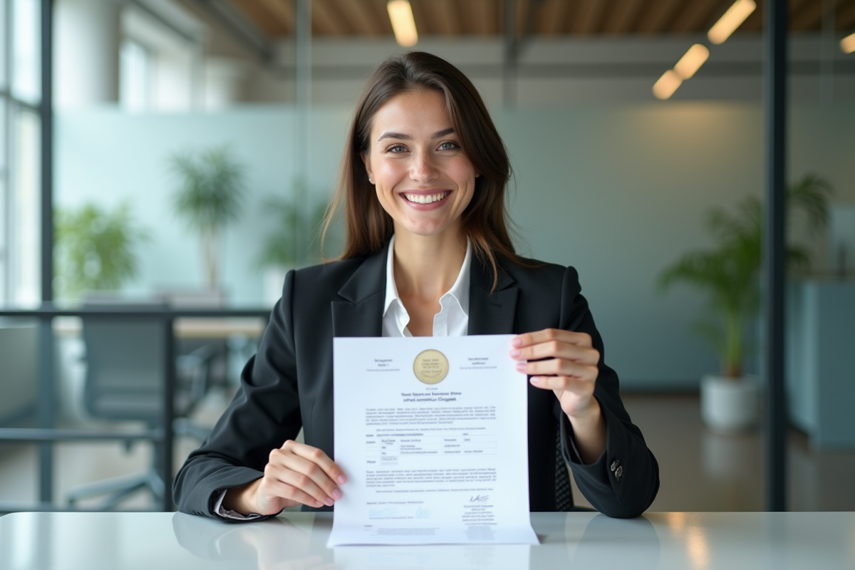 Jeune femme d'affaires souriante avec certificat dans un bureau moderne