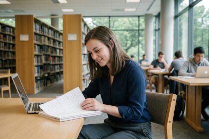 Jeune femme en étude dans une bibliothèque universitaire