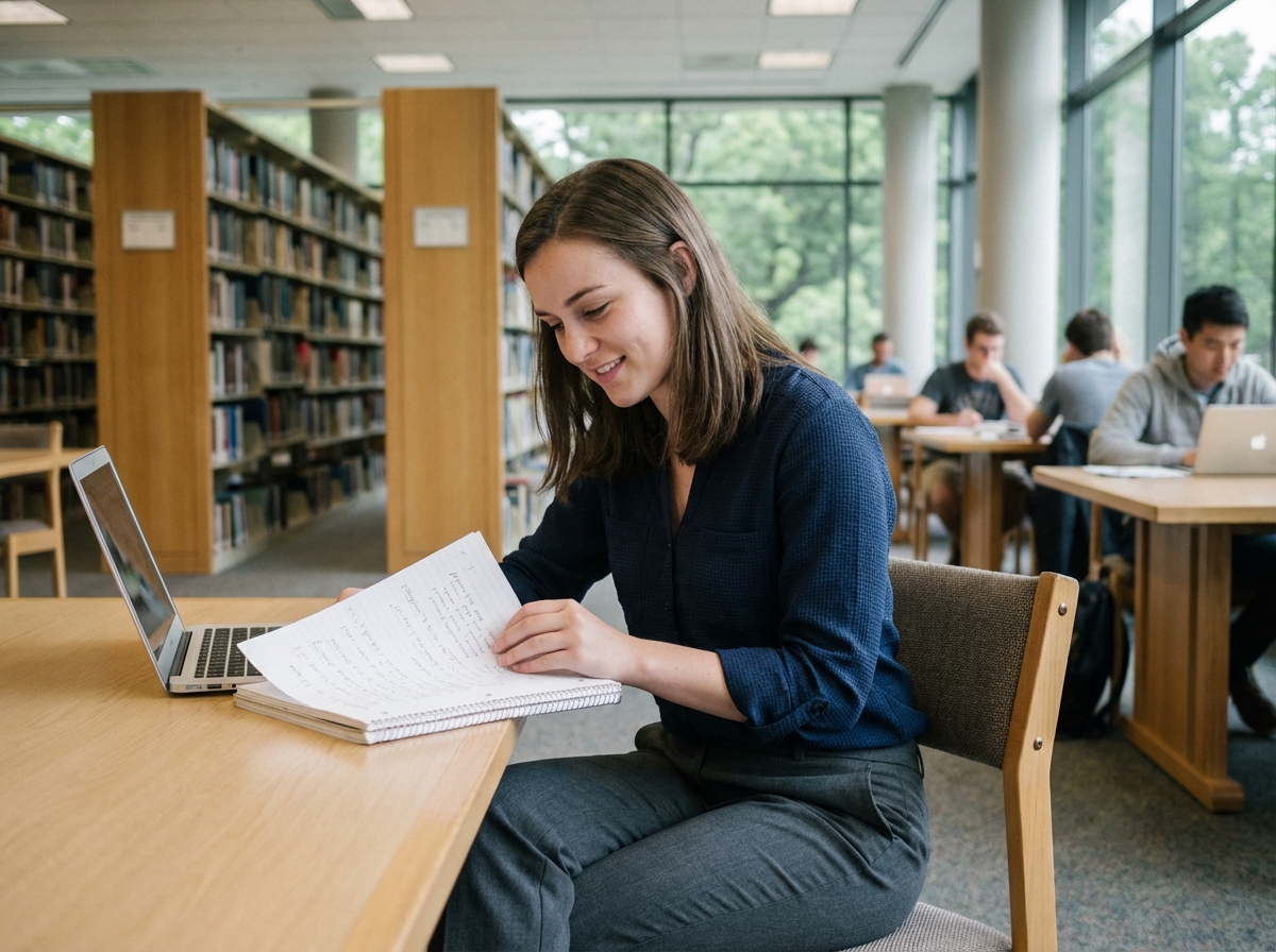 Jeune femme en étude dans une bibliothèque universitaire