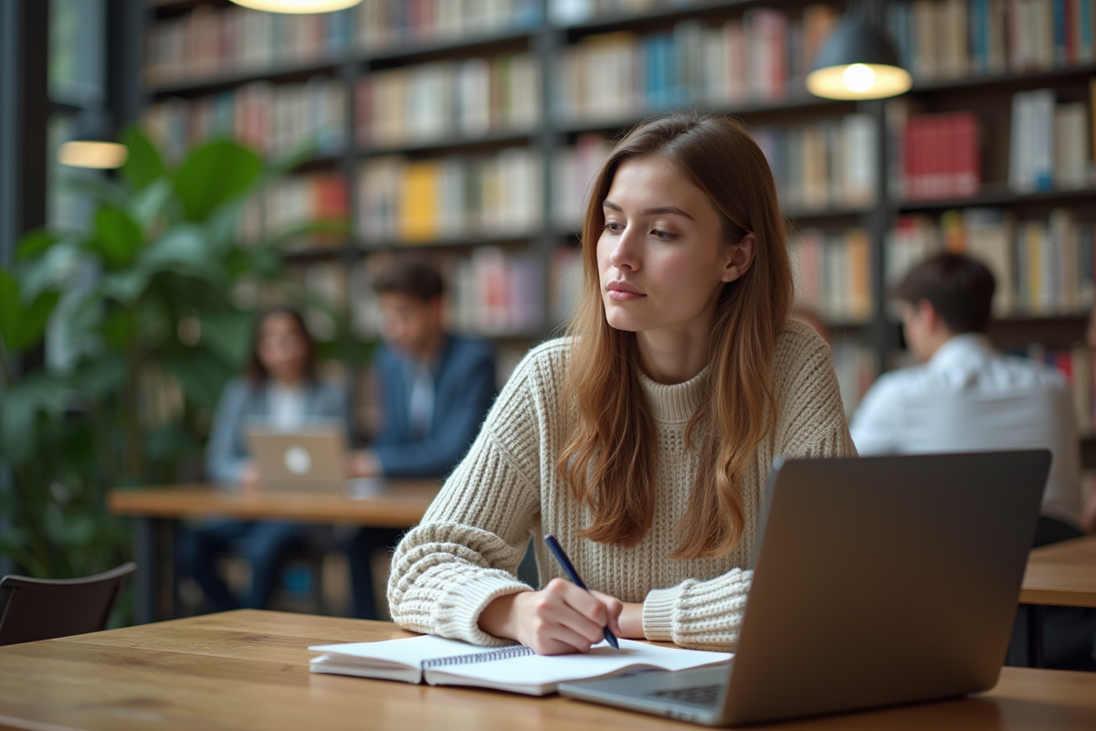 Jeune femme prenant des notes dans une bibliothèque universitaire