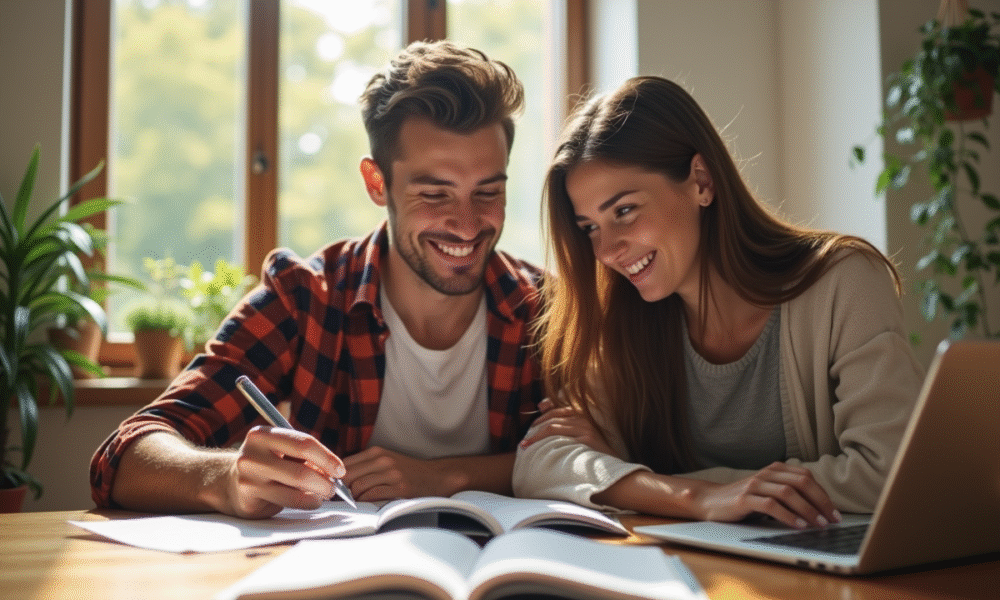 Jeune couple étudiant ensemble au bureau lumineux