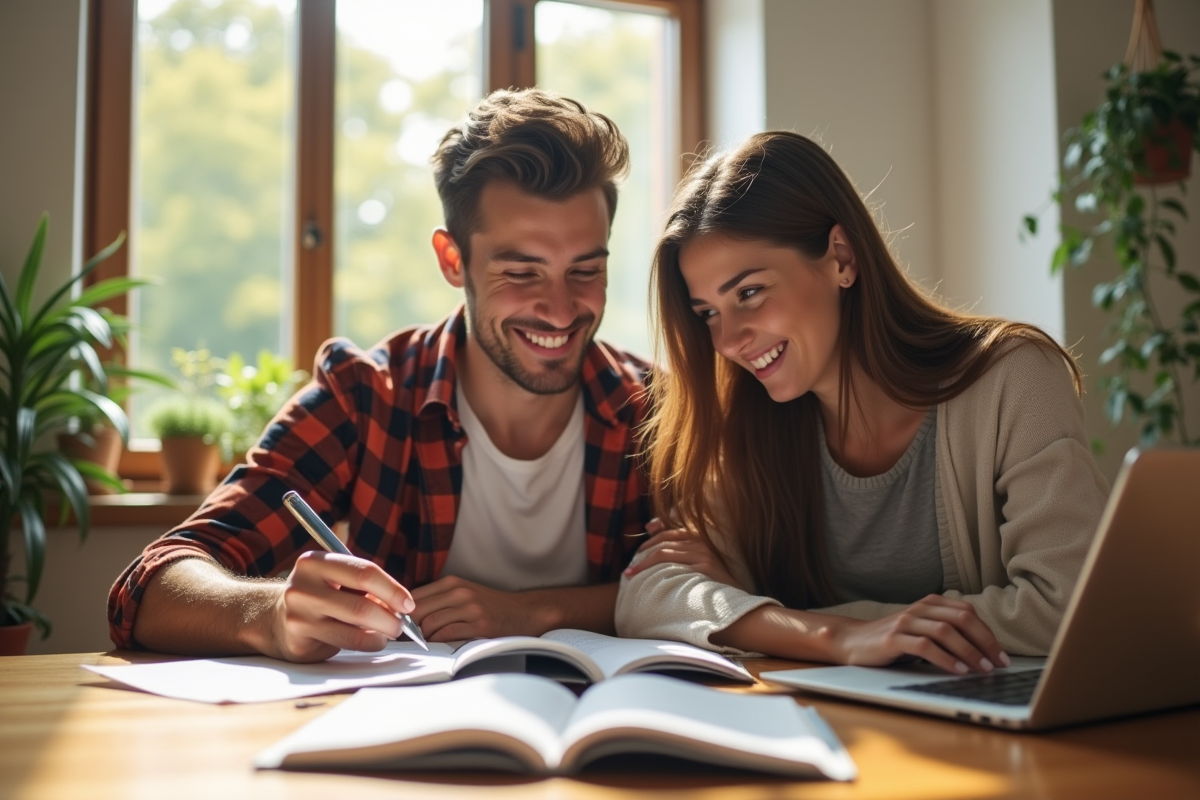 Jeune couple étudiant ensemble au bureau lumineux