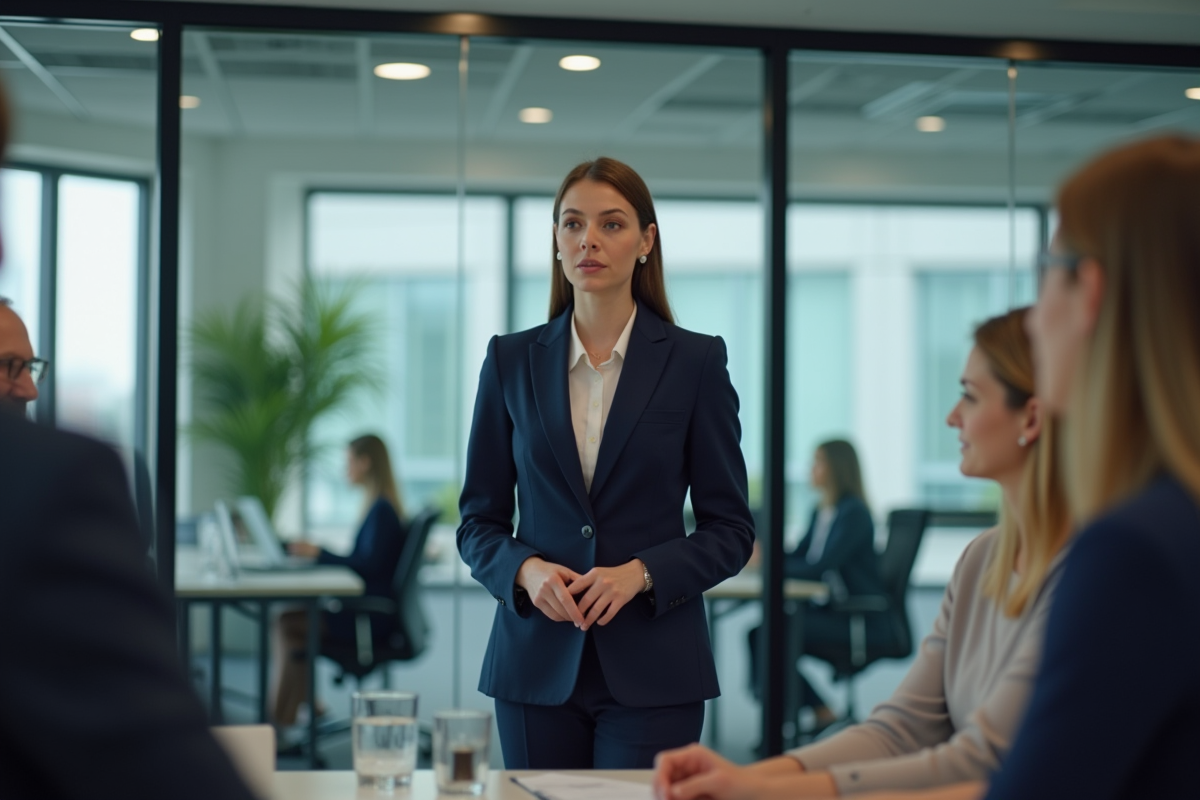 Jeune femme dirigeante parlant à son équipe en réunion