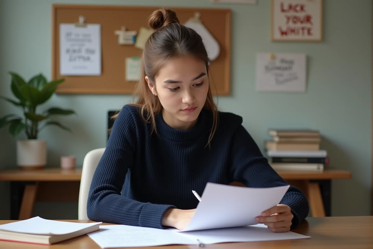 Jeune femme lisant une lettre dans un bureau à domicile