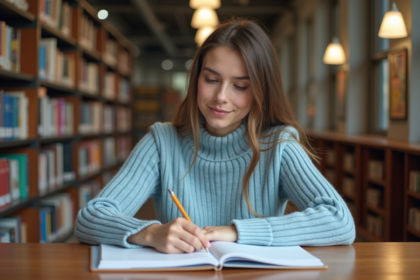 Jeune femme écrivant dans un carnet à la bibliothèque