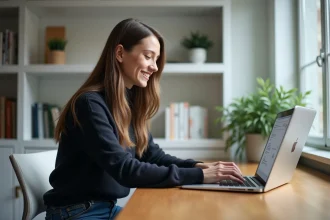 Jeune femme souriante organisant un tableau de bord sur son ordinateur