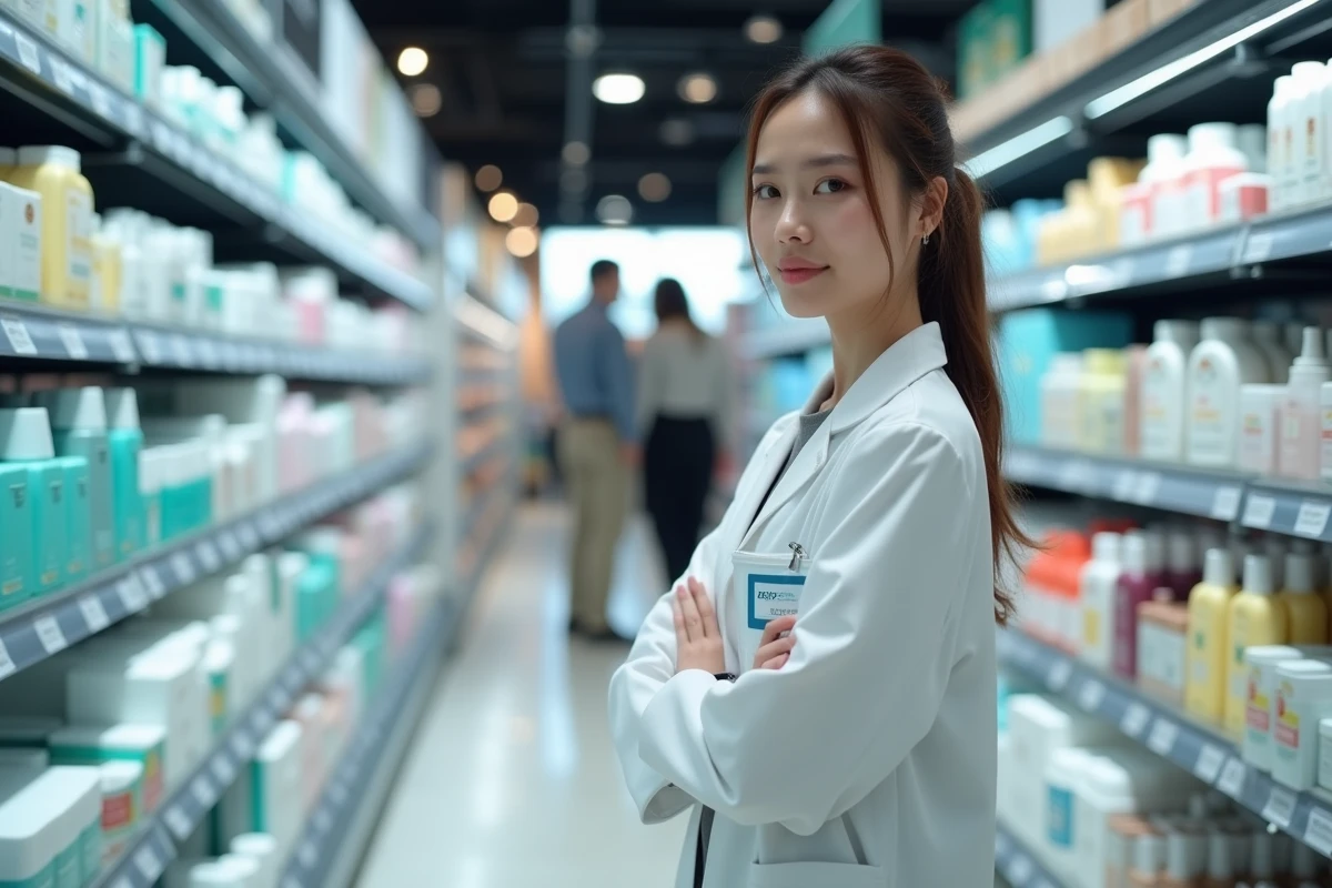 Jeune femme en blouse blanche dans rayon beauté supermarche