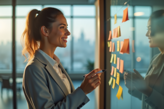 Jeune femme professionnelle en réunion avec notes colorées