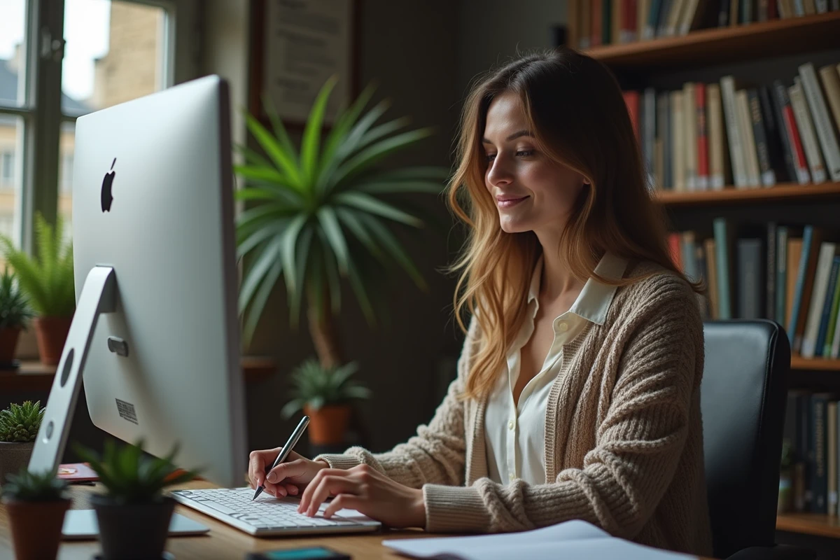 Jeune enseignante assise à son bureau en train d