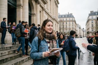 Jeune femme avec carnet devant universite parisienne