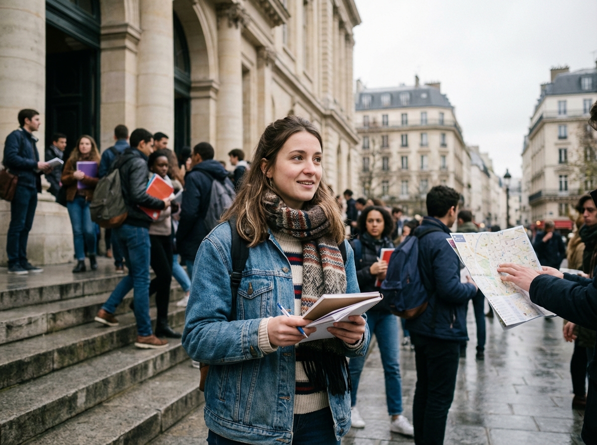 Jeune femme avec carnet devant universite parisienne