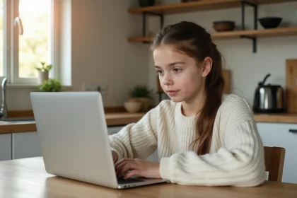 Jeune fille assise à la cuisine avec ordinateur portable