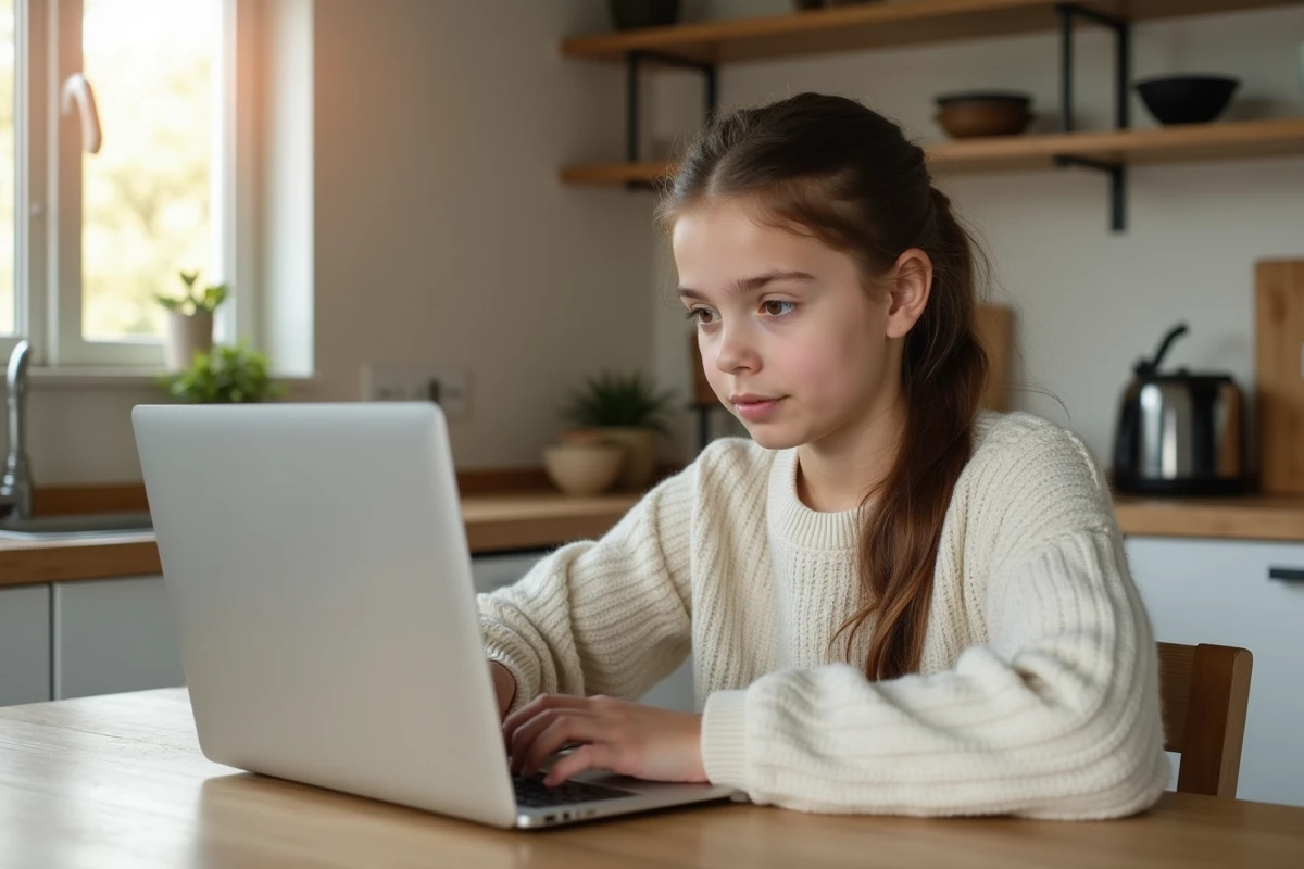 Jeune fille assise à la cuisine avec ordinateur portable
