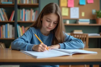 Jeune fille étudiante concentrée à son bureau dans sa chambre