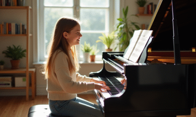 Jeune fille au piano dans un salon lumineux