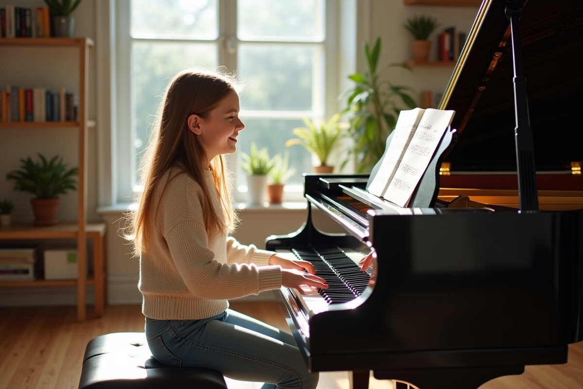 Jeune fille au piano dans un salon lumineux