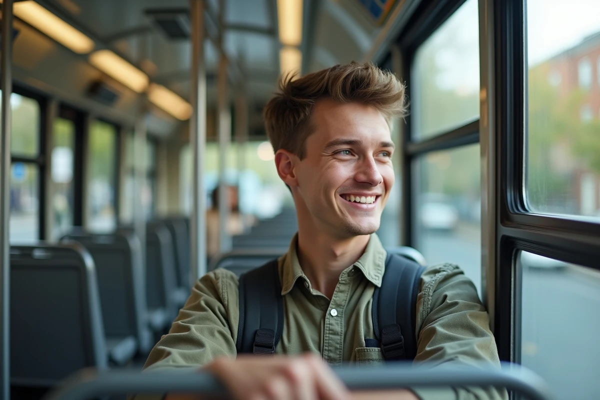 Jeune homme dans un bus regardant par la fenêtre près du MIT