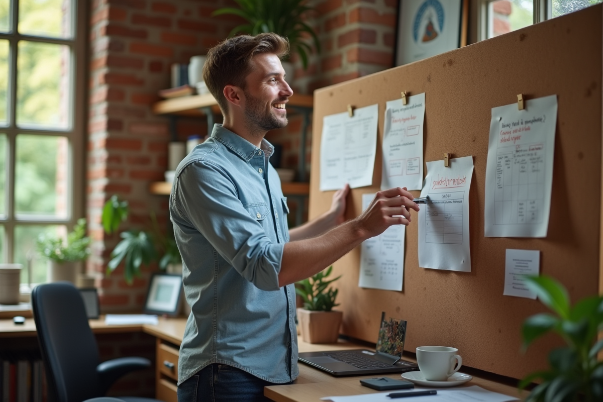 Jeune homme dans un bureau à domicile épinglant des notes