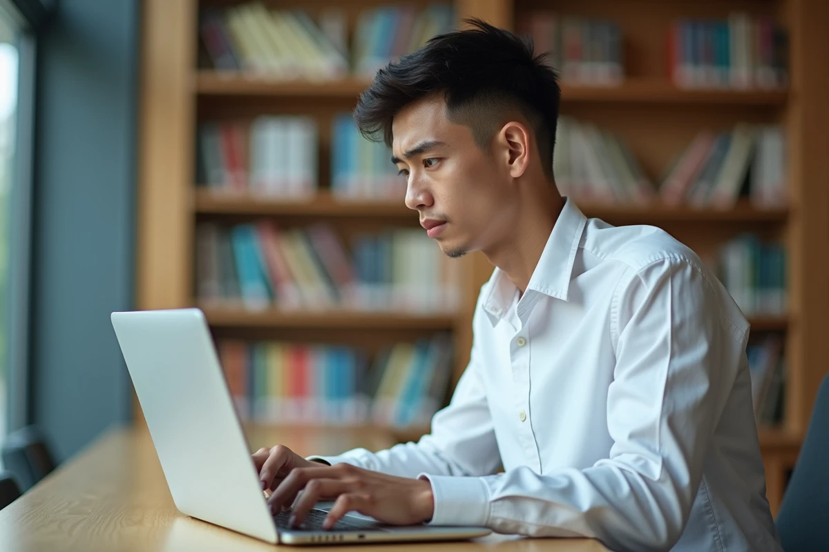 Jeune homme tapant sur un ordinateur dans une bibliothèque