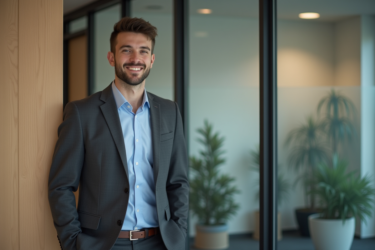 Jeune homme en costume saluant un recruteur dans un bureau moderne
