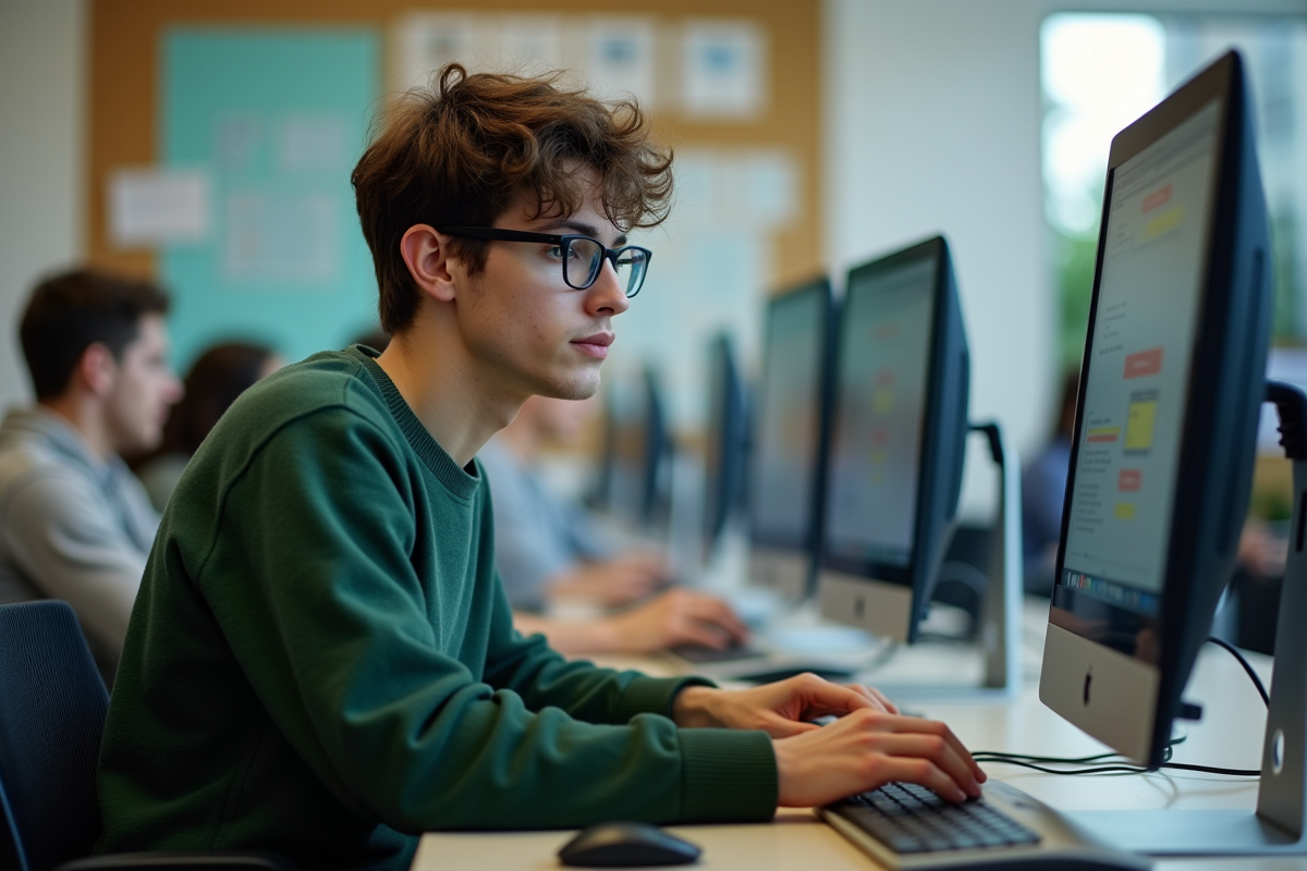 Jeune homme concentré utilisant un logiciel en laboratoire informatique