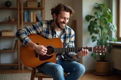 Jeune homme souriant jouant de la guitare acoustique à la maison