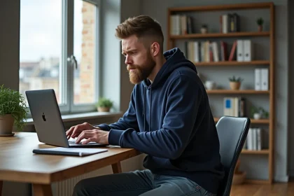 Jeune homme regardant son ordinateur dans un appartement à Grenoble