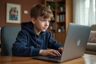 Garçon de 12 ans concentré sur son ordinateur à la maison