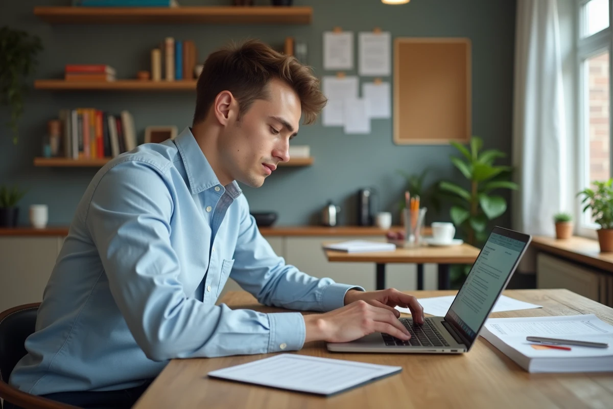 Jeune homme en chemise bleue planifie sa carrière à la maison