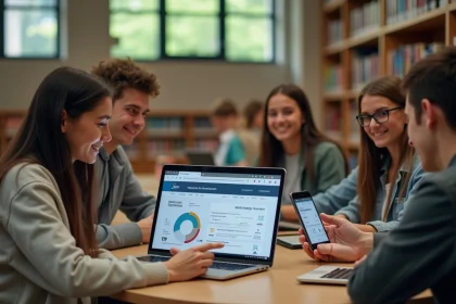 Groupe de lycéens souriants utilisant un portail numérique dans la bibliothèque